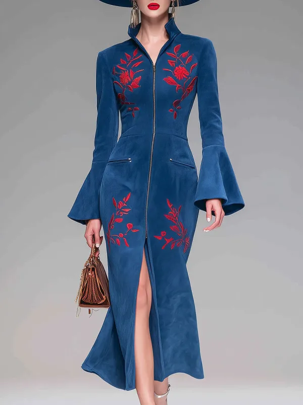 Western Style Vintage Embroidered Blue Faux Suede Midi Dress sold by Oyrosy