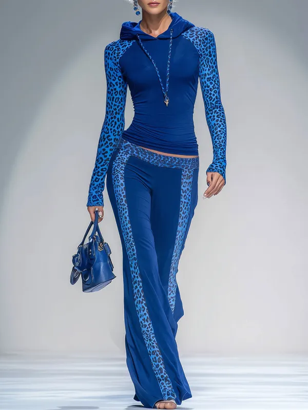 Casual Sportswear Leopard Print Blue Cotton Hoodie And Pants Set sold by Oyrosy