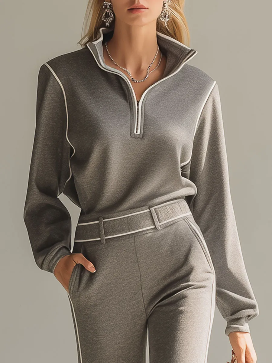 Casual Sports Grey Half-zip Top And Trousers Set sold by Oyrosy product image thumbnail 3