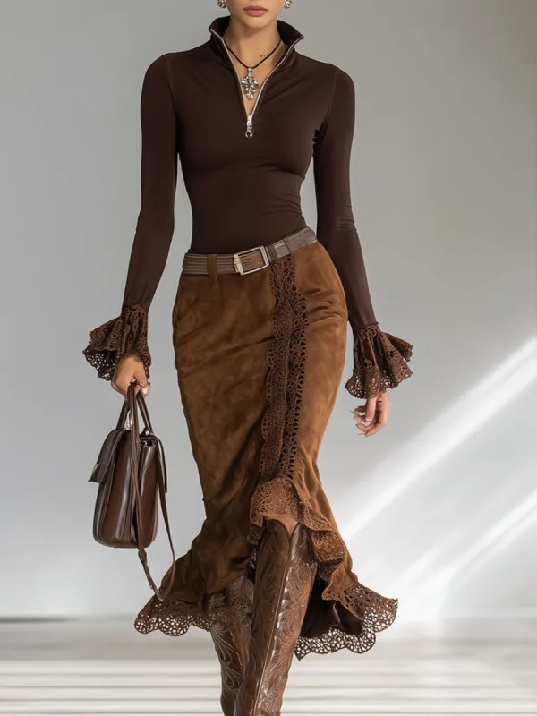 A Fitted Stand-up Collar Zip-up Long-sleeved Top And Faux Suede Skirt Set sold by Oyrosy