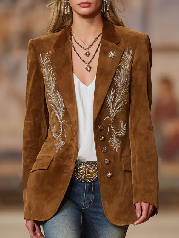 Western-style Retro Embroidered Single-breasted Casual Blazer sold by Oyrosy
