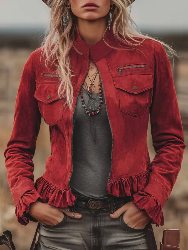 Western-style Stand-up Collar Zip-up Pocket Ruffled Faux Suede Jacket sold by Oyrosy