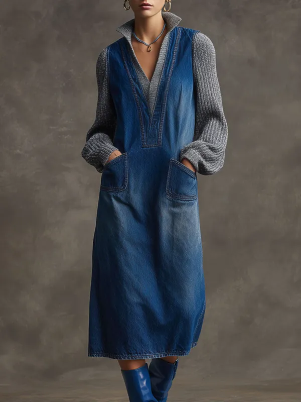 Casual Retro Long-sleeved Gray Knit Patchwork Blue Denim Midi Dress sold by Oyrosy