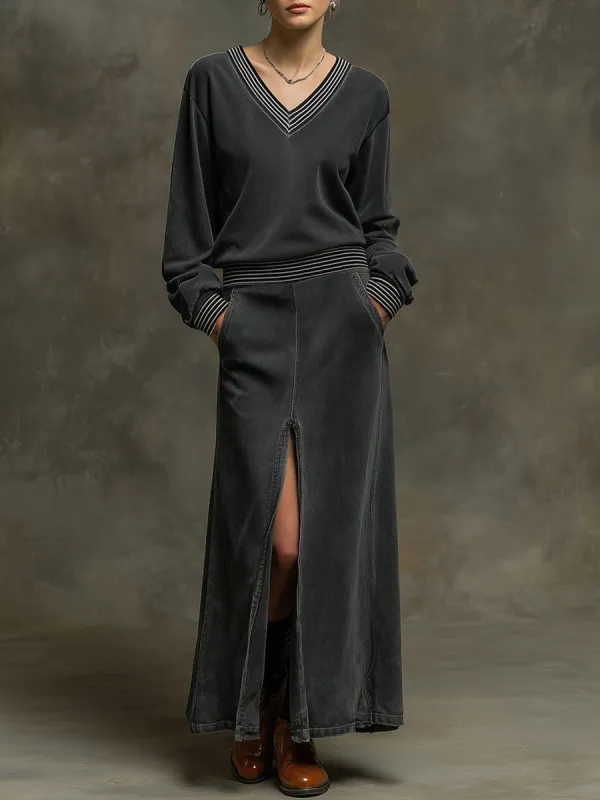 Sporty Retro Striped Ribbed Long-sleeved Dark Gray Washed Cotton Slit Maxi Dress sold by Oyrosy