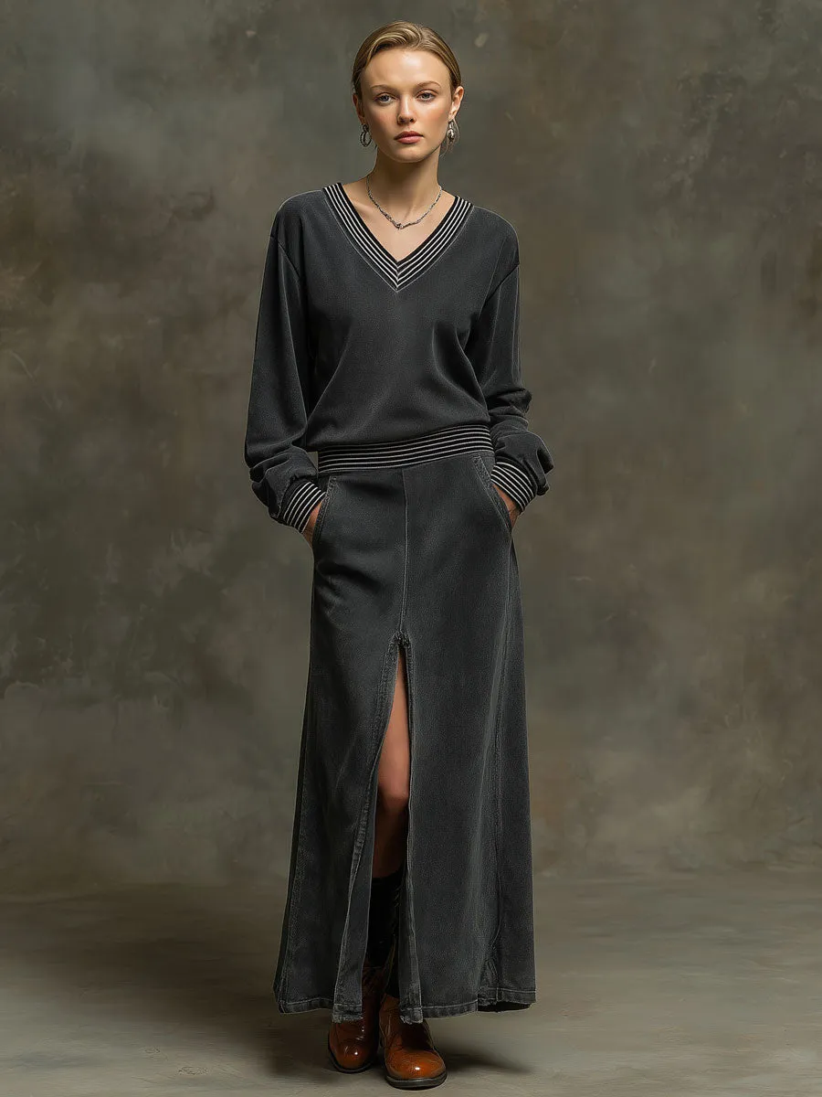 Sporty Retro Striped Ribbed Long-sleeved Dark Gray Washed Cotton Slit Maxi Dress sold by Oyrosy product image thumbnail 2
