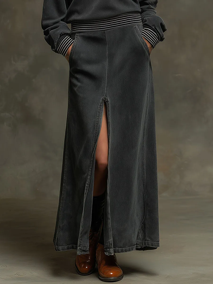 Sporty Retro Striped Ribbed Long-sleeved Dark Gray Washed Cotton Slit Maxi Dress sold by Oyrosy product image thumbnail 4