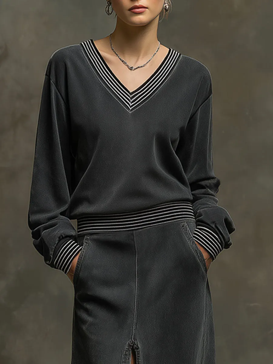 Sporty Retro Striped Ribbed Long-sleeved Dark Gray Washed Cotton Slit Maxi Dress sold by Oyrosy product image thumbnail 3