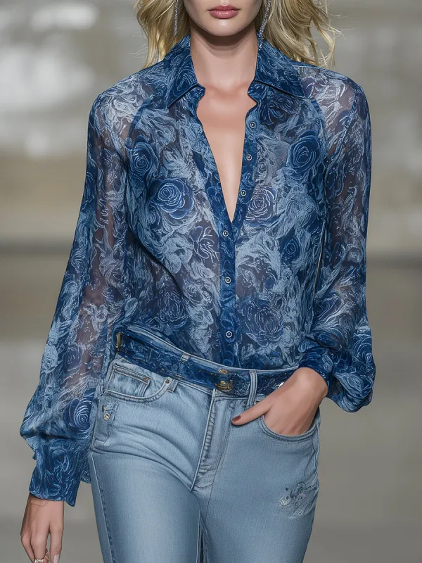 Fashionable Blue Chiffon Rose Textured Shirt sold by Oyrosy