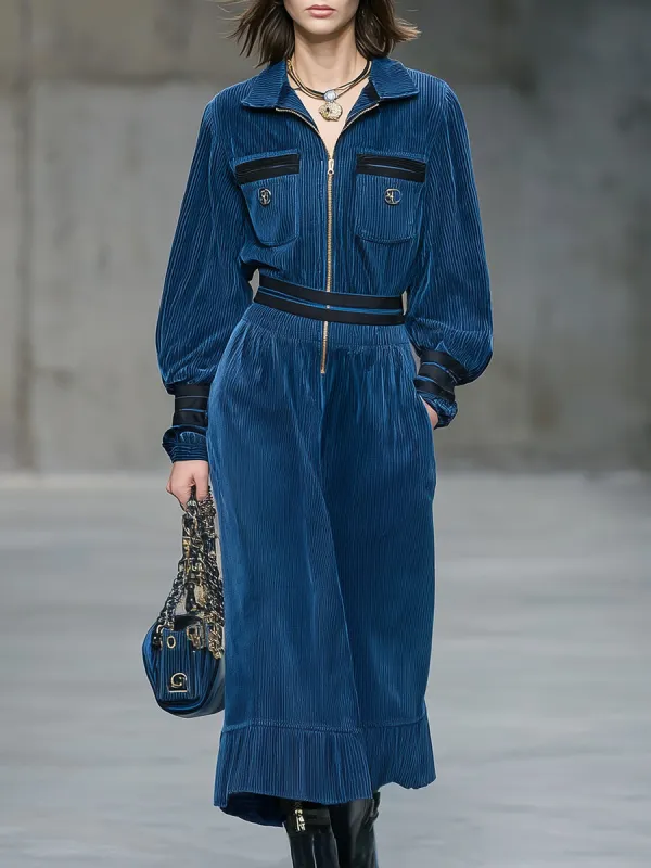 Blue Corduroy Dress With Black Webbing Zip Pockets Midi Dress sold by Oyrosy