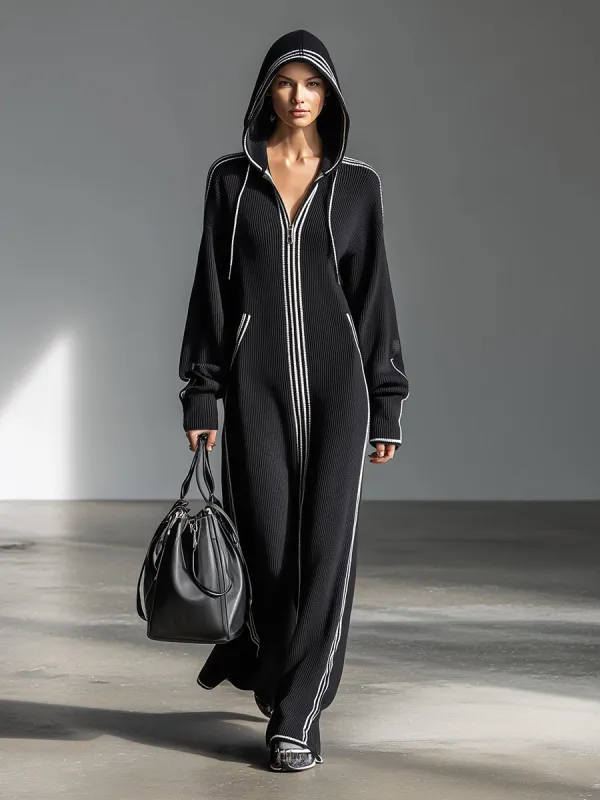 Stylish Black Knit Patchwork White Hooded Zip-up Maxi Dress sold by Oyrosy