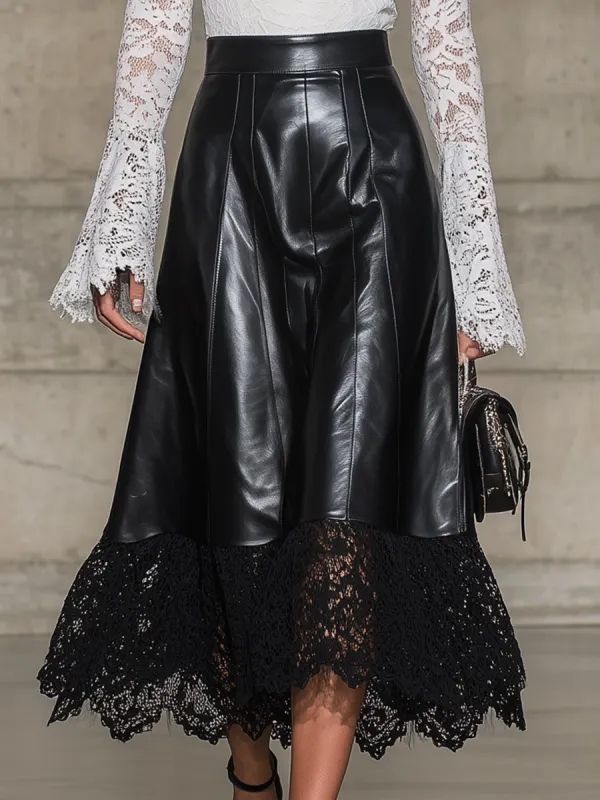 Stylish Black Faux Leather And Lace Patchwork Midi Skirt sold by Oyrosy