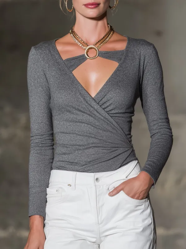 Elegant Grey Knit High-elastic Patchwork With Gold Trim  Top sold by Oyrosy
