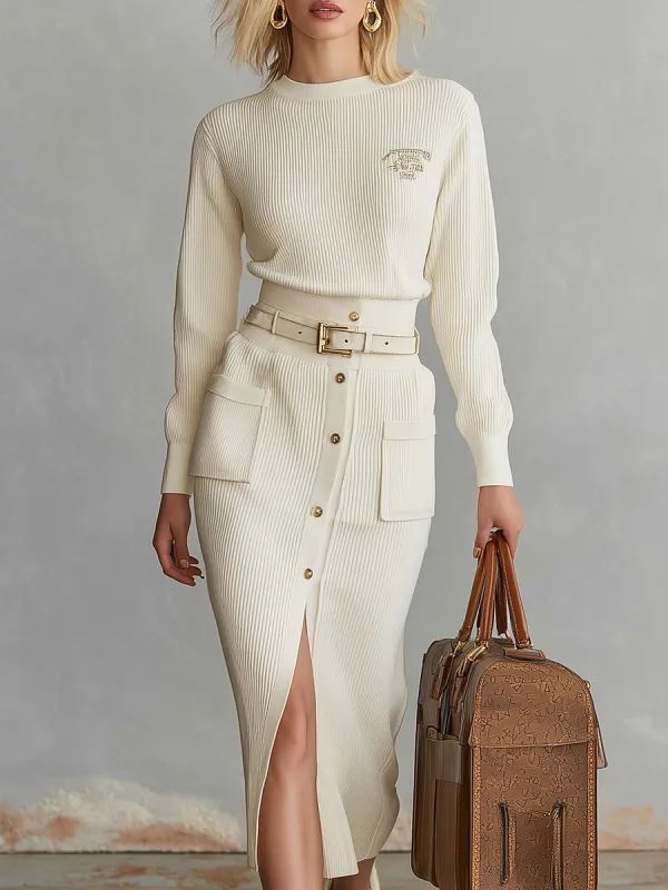 Casual And Stylish Buttons And A Slit Beige Knitted Midi Dress sold by Oyrosy