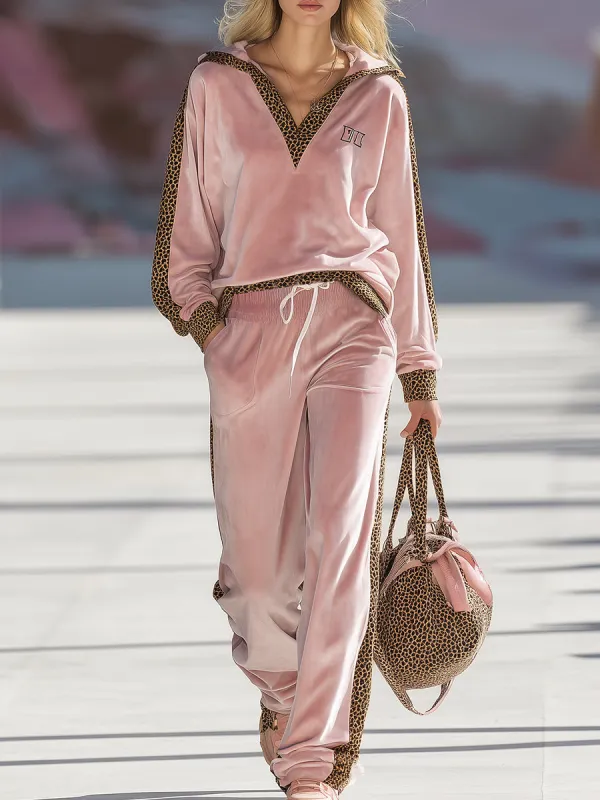 Casual Sporty Leopard Print Trim Pink Velvet Set sold by Oyrosy