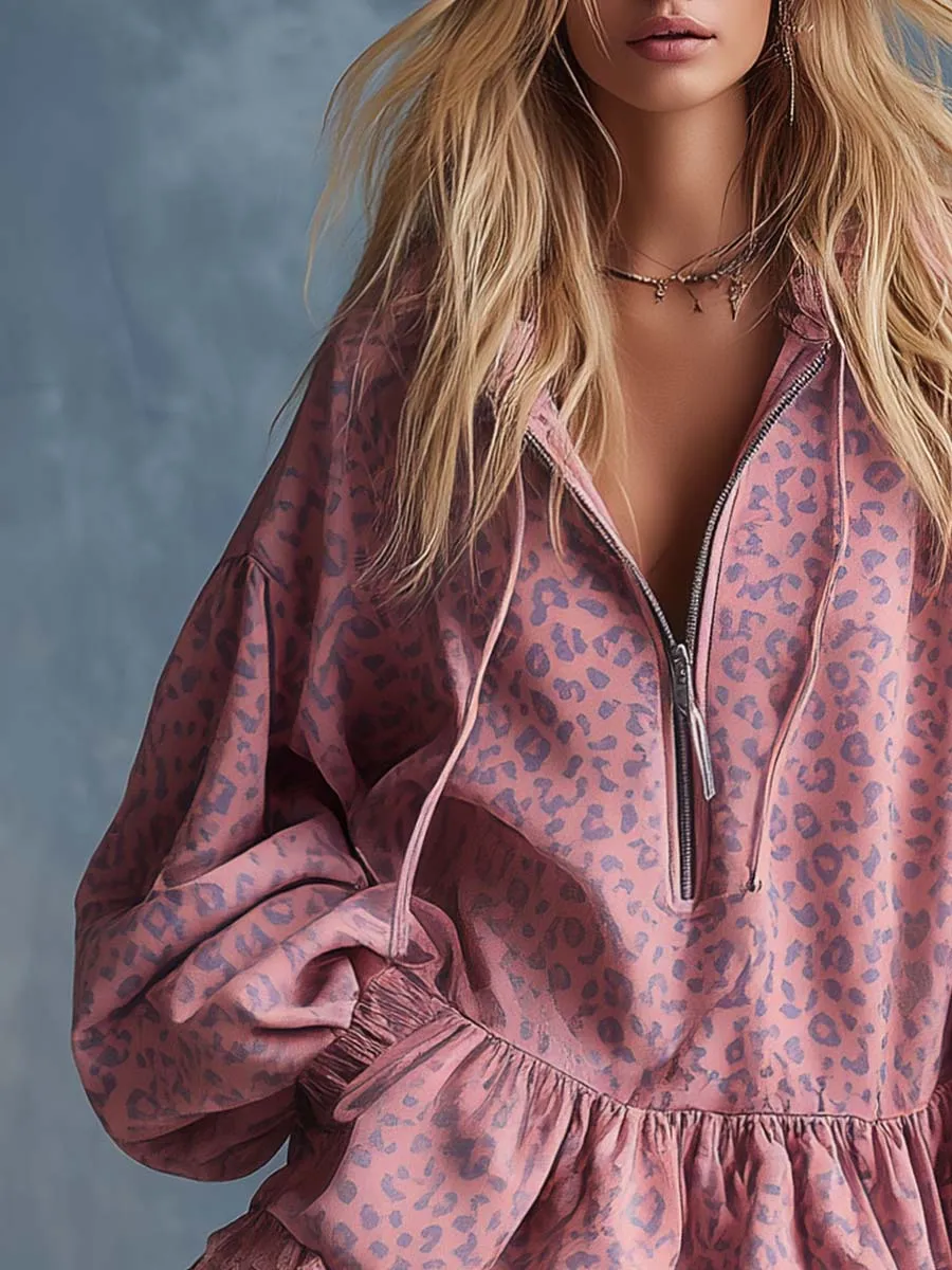 Elegant Western Hooded Front Zipper Ruffled Hem Pink Leopard Print Fuax Suede Mini Dress sold by Oyrosy product image thumbnail 3