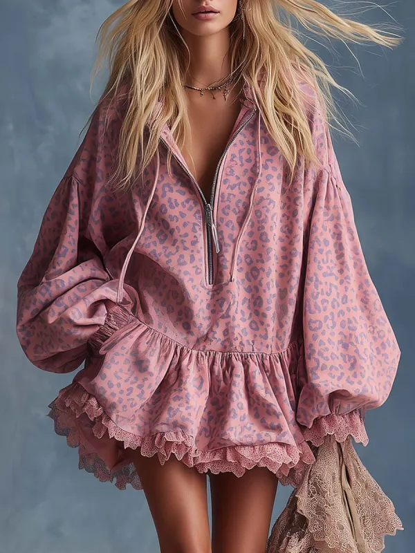 Elegant Western Hooded Front Zipper Ruffled Hem Pink Leopard Print Fuax Suede Mini Dress sold by Oyrosy