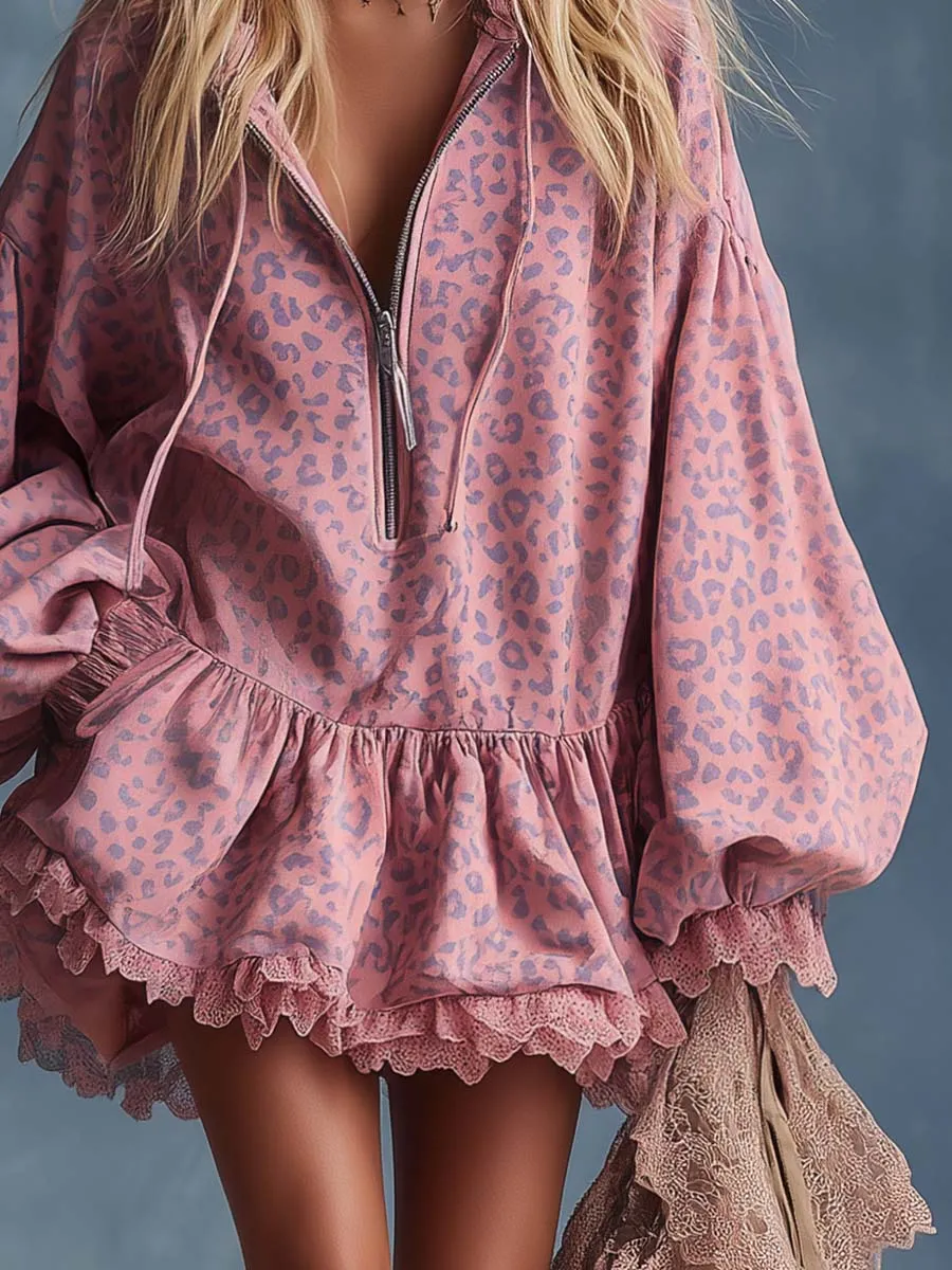 Elegant Western Hooded Front Zipper Ruffled Hem Pink Leopard Print Fuax Suede Mini Dress sold by Oyrosy product image thumbnail 4