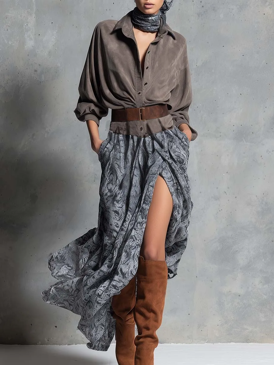 Vintage Western Flowing Front-buttoned Brown Suede And Chiffon Printed Hem Slit Maxi Dress sold by Oyrosy