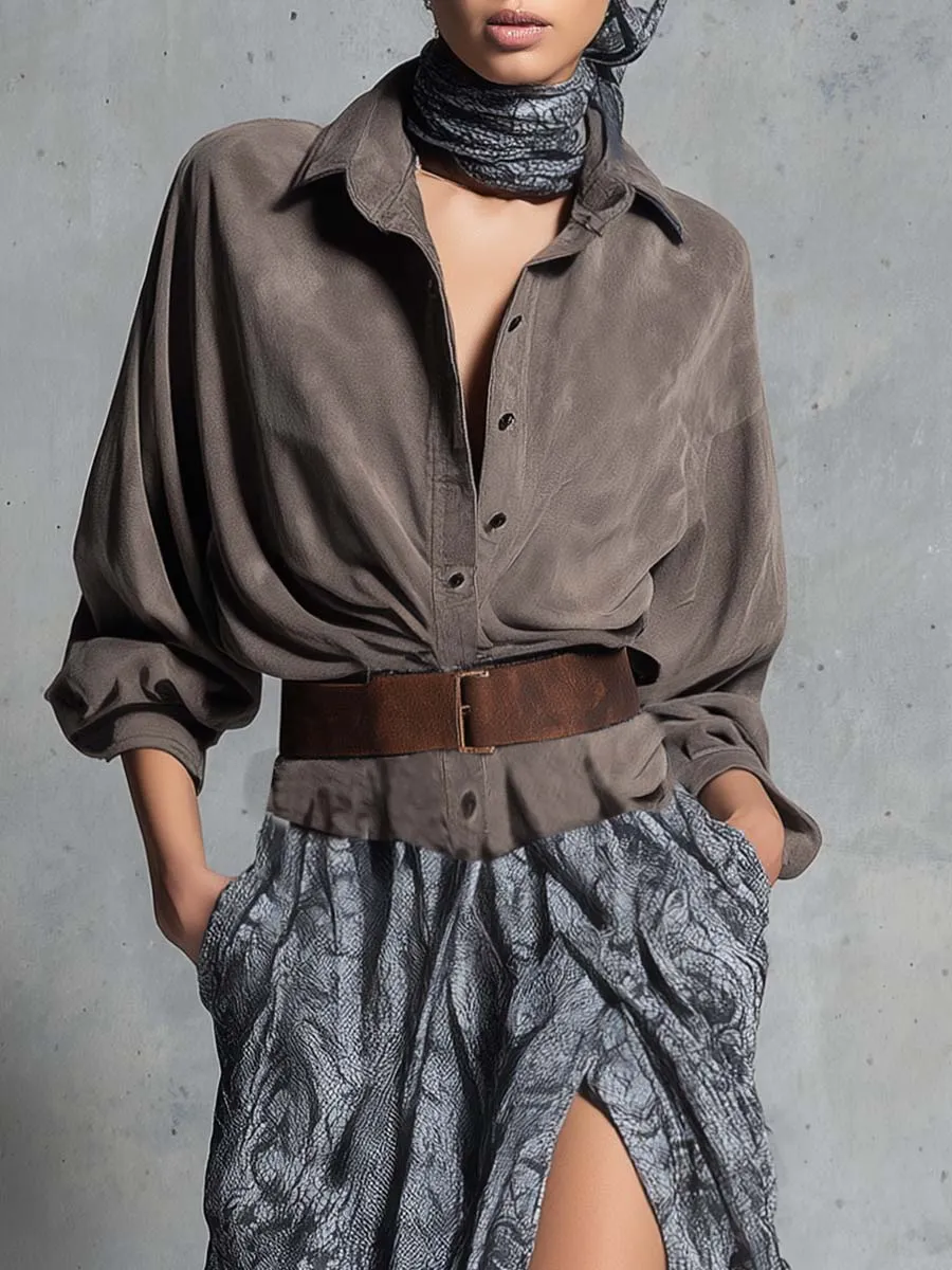 Vintage Western Flowing Front-buttoned Brown Suede And Chiffon Printed Hem Slit Maxi Dress sold by Oyrosy product image thumbnail 3