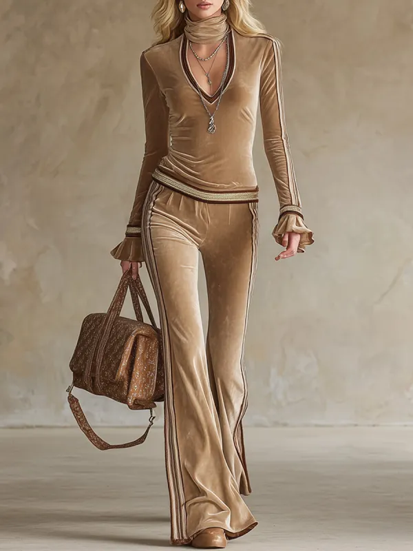 Elegant Sporty Striped Champagne Velvet Long-sleeved T-shirt And Wide-leg Pants Set made by Oyrosy