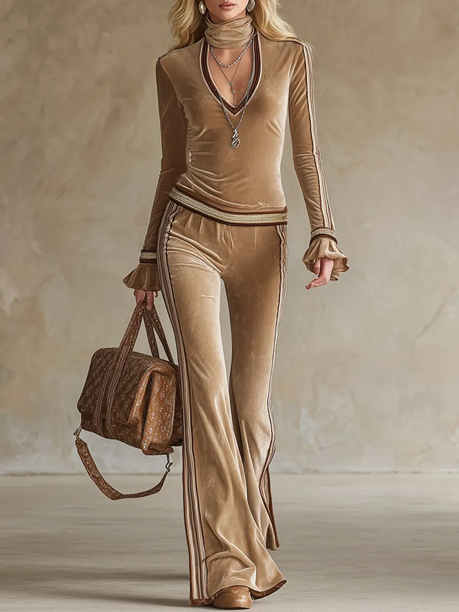 Elegant Sporty Striped Champagne Velvet Long-sleeved T-shirt And Wide-leg Pants Set sold by Oyrosy
