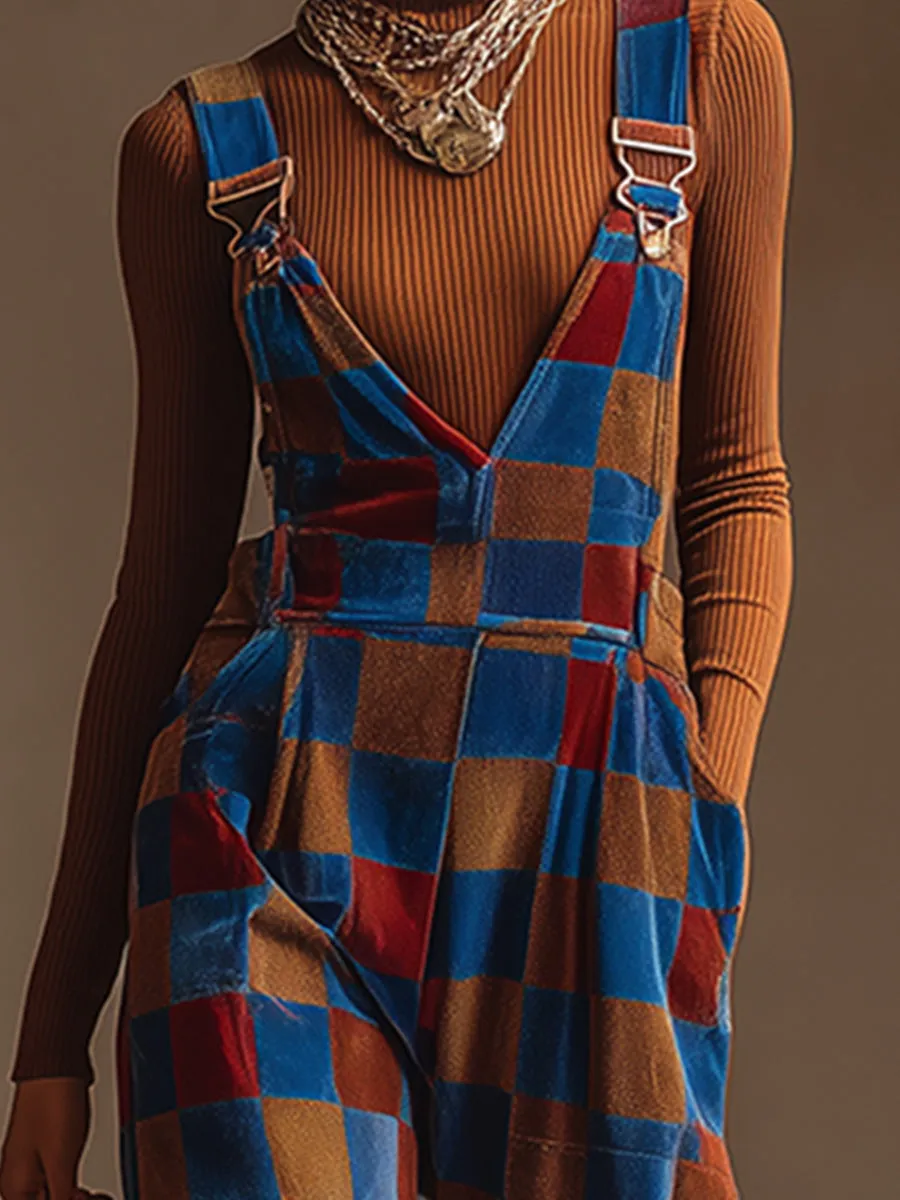 Retro Blue-brown Checkered Wide-leg Overalls sold by Oyrosy product image thumbnail 3