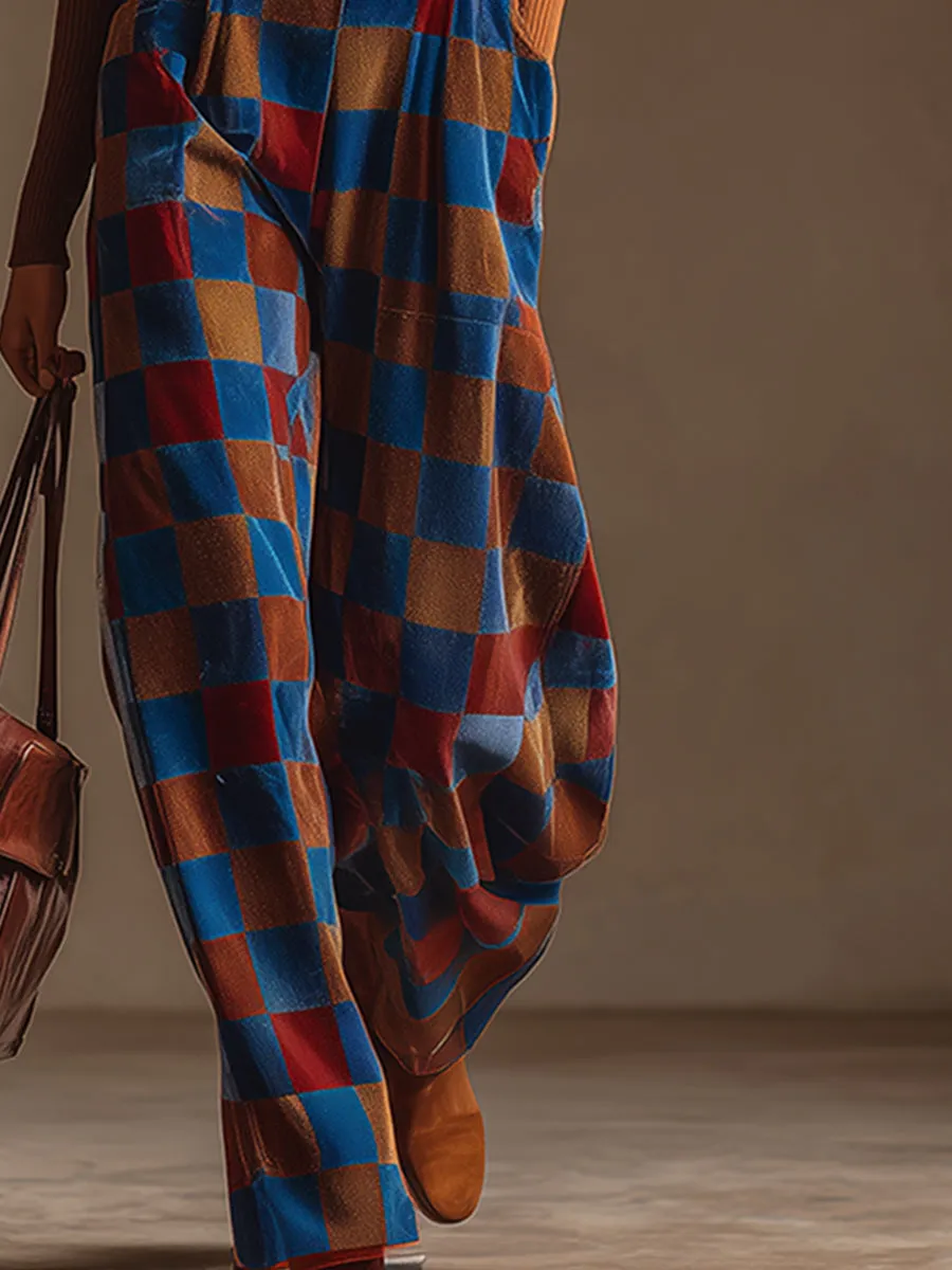 Retro Blue-brown Checkered Wide-leg Overalls sold by Oyrosy product image thumbnail 4