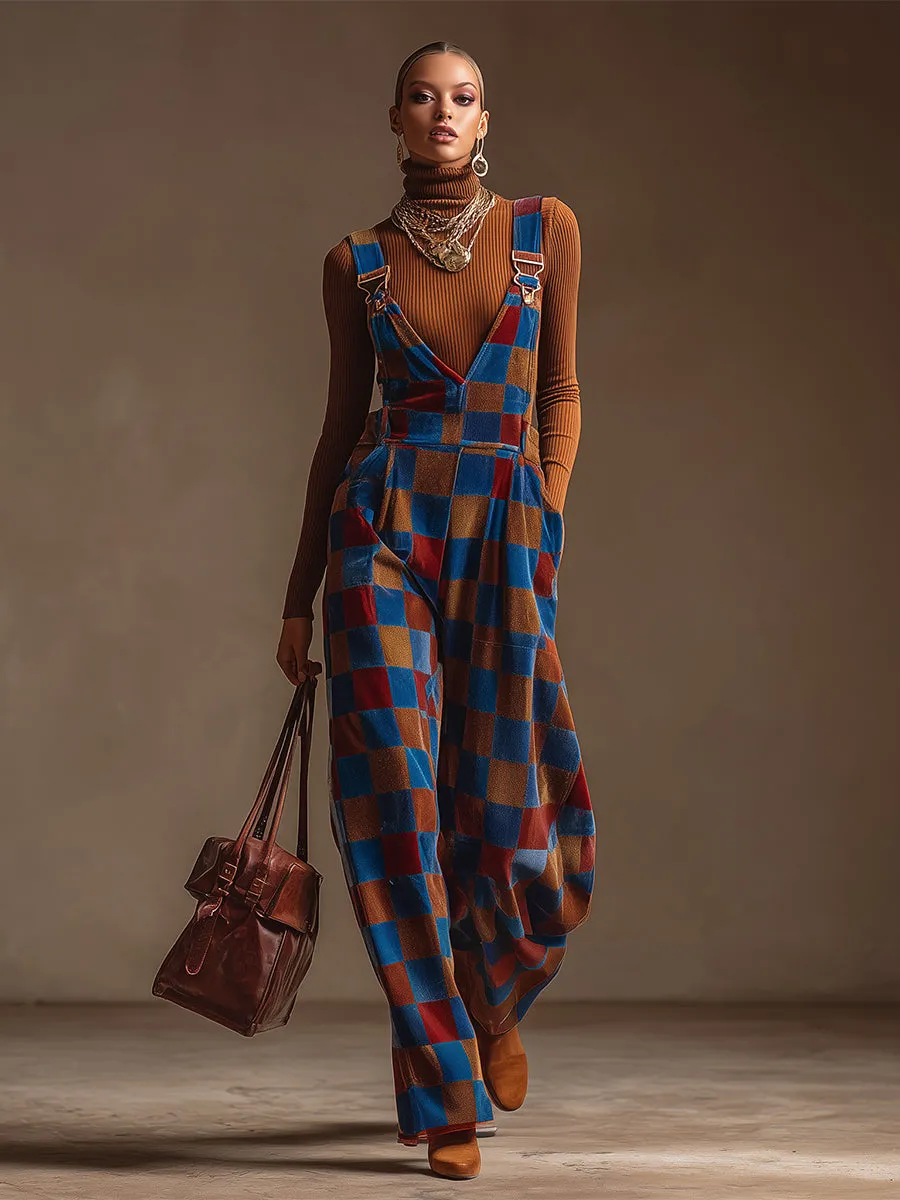 Retro Blue-brown Checkered Wide-leg Overalls sold by Oyrosy product image thumbnail 2