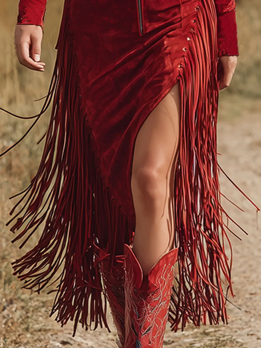 Western Style Vintage Embroidered Red Fringed Faux Suede Midi Dress sold by Oyrosy product image thumbnail 4