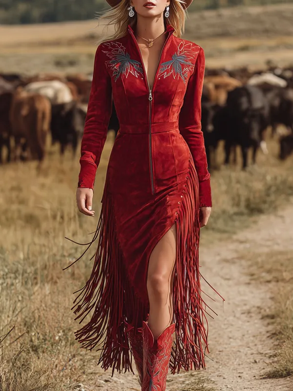 Western Style Vintage Embroidered Red Fringed Faux Suede Midi Dress sold by Oyrosy