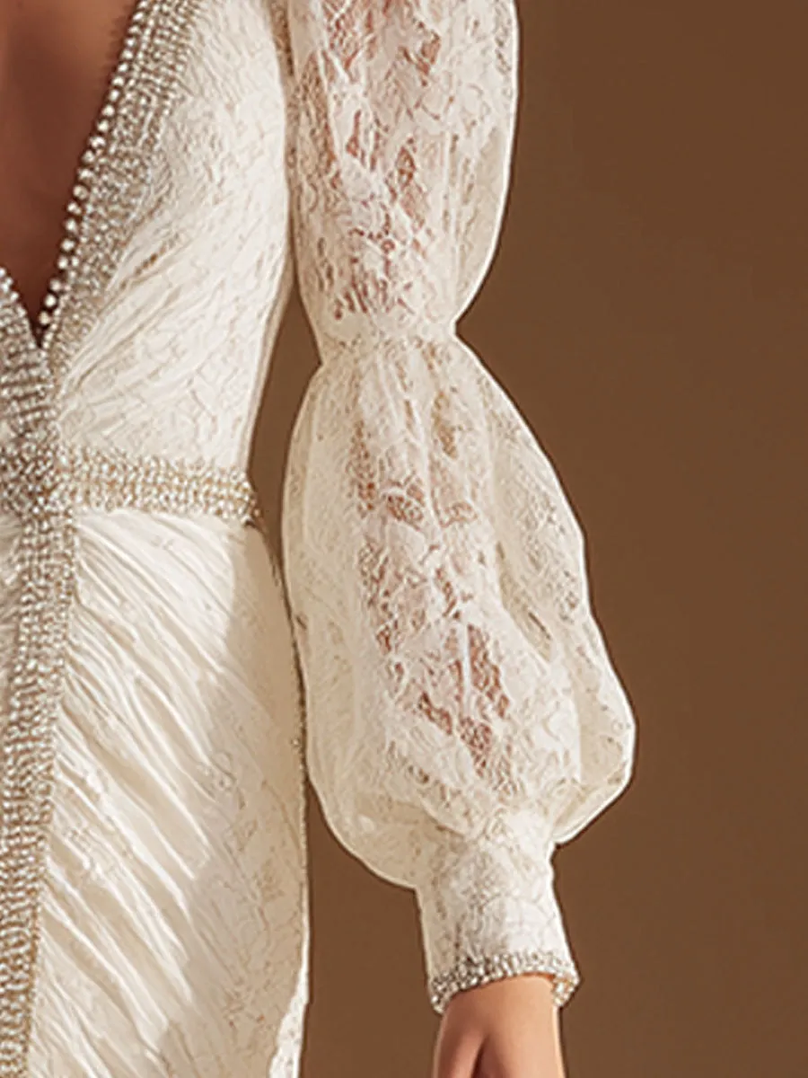 Stylish Vintage V-neck White Lace Midi Dress sold by Oyrosy product image thumbnail 3