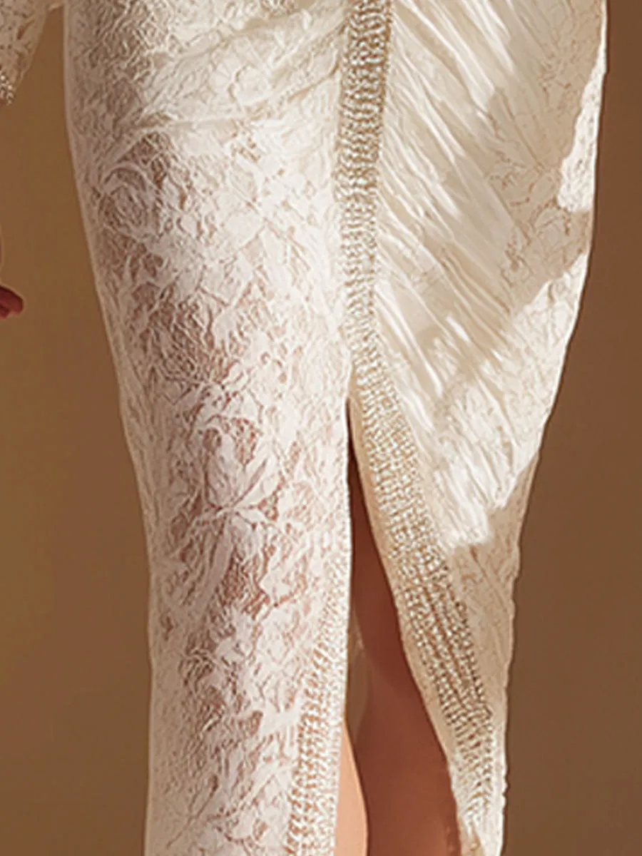 Stylish Vintage V-neck White Lace Midi Dress sold by Oyrosy product image thumbnail 4