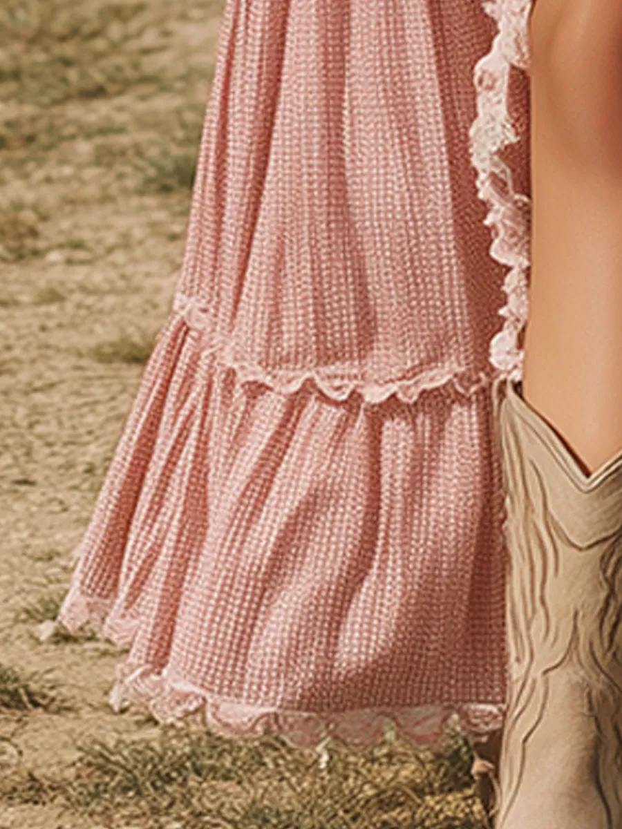 Western-style Vintage Lace-paneled Pink Maxi Dress sold by Oyrosy product image thumbnail 4
