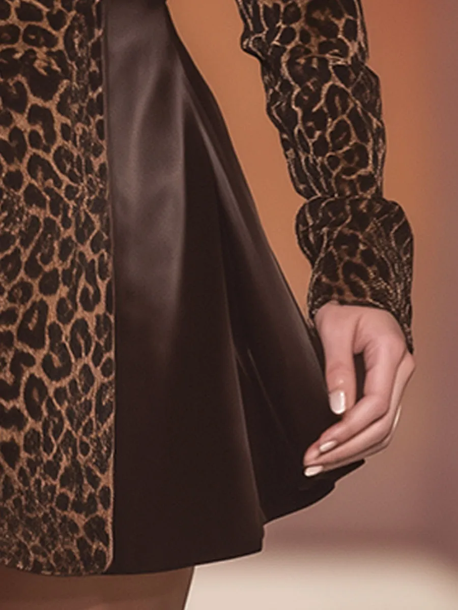 Retro And Elegant Brown Leopard Print Patchwork Satin Mini Dress sold by Oyrosy product image thumbnail 4