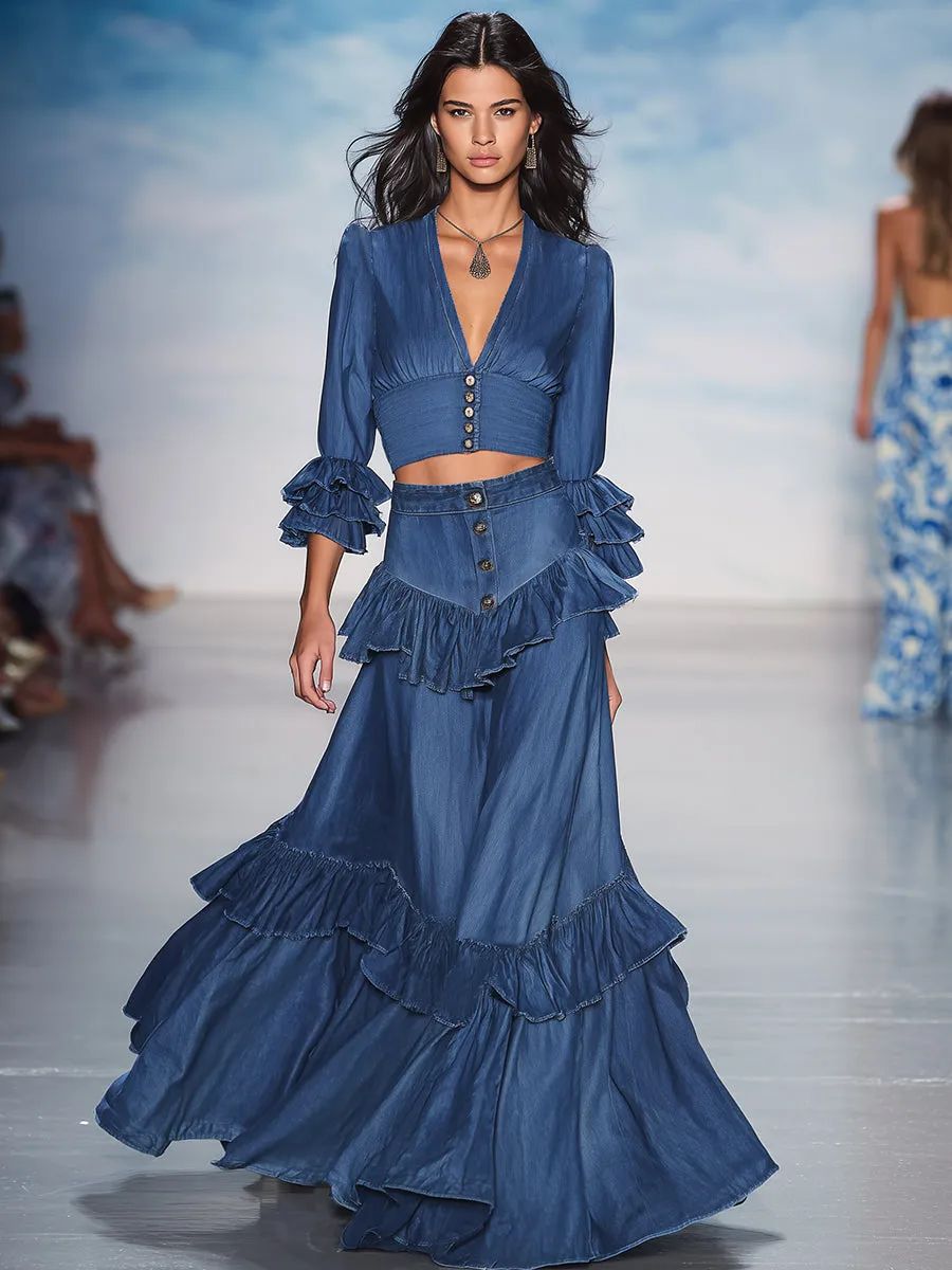 Elegant And Stylish Ruffle Trim Denim Skirt sold by Oyrosy product image thumbnail 2