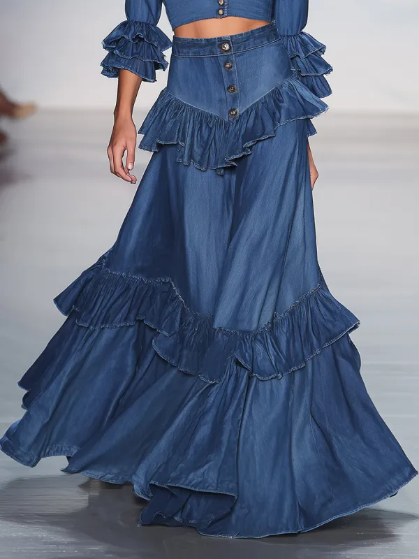 Elegant And Stylish Ruffle Trim Denim Skirt sold by Oyrosy