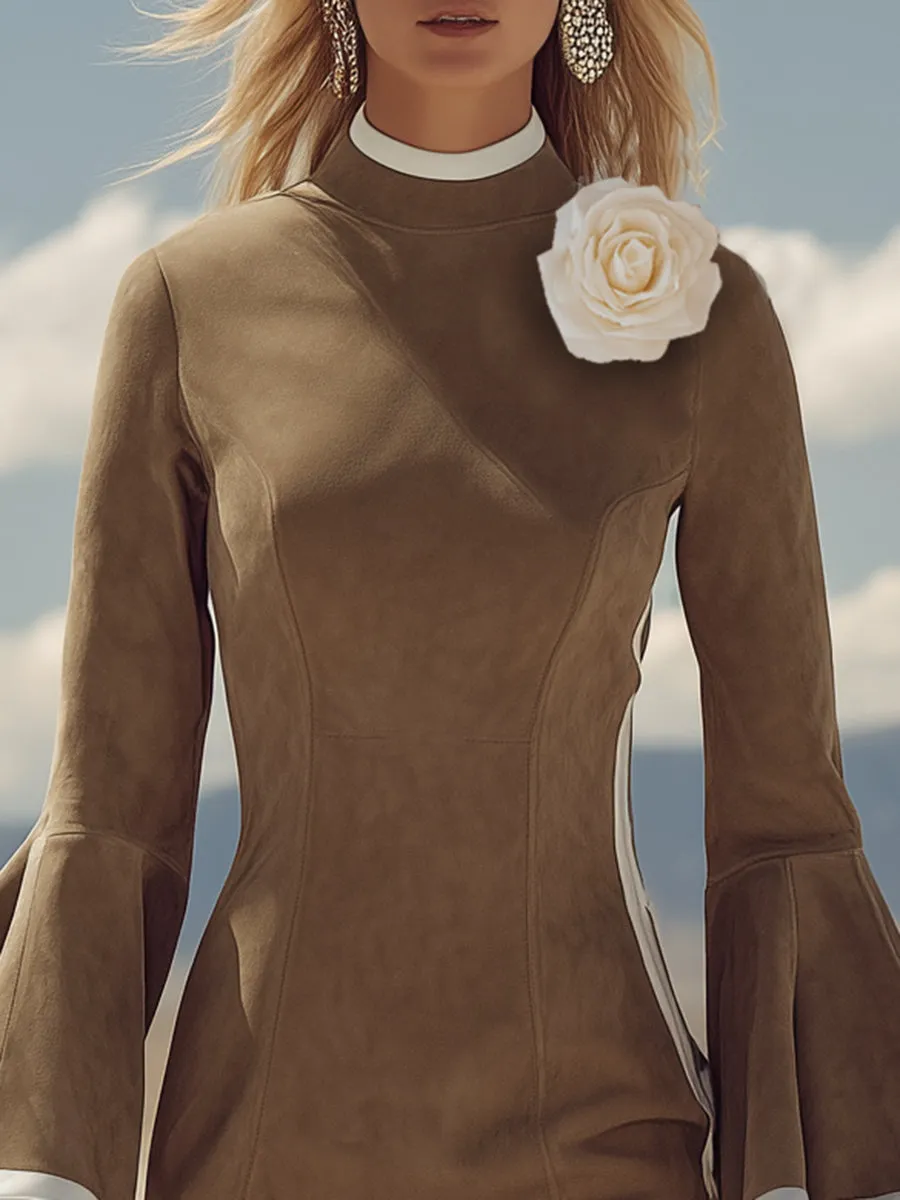 Casual Retro 3D Floral White Trim Khaki Faux Suede Midi Dress sold by Oyrosy product image thumbnail 3