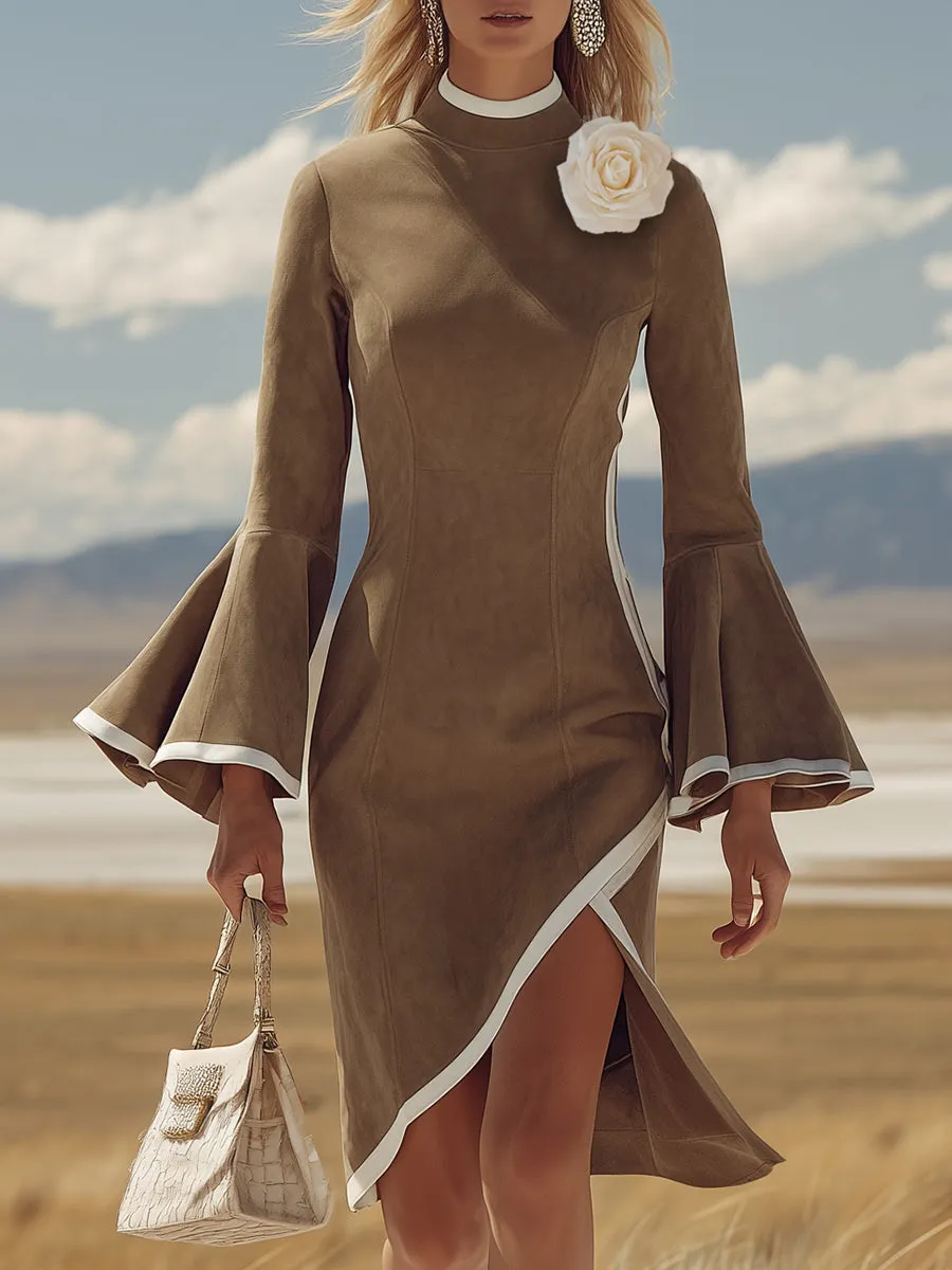 Casual Retro 3D Floral White Trim Khaki Faux Suede Midi Dress sold by Oyrosy