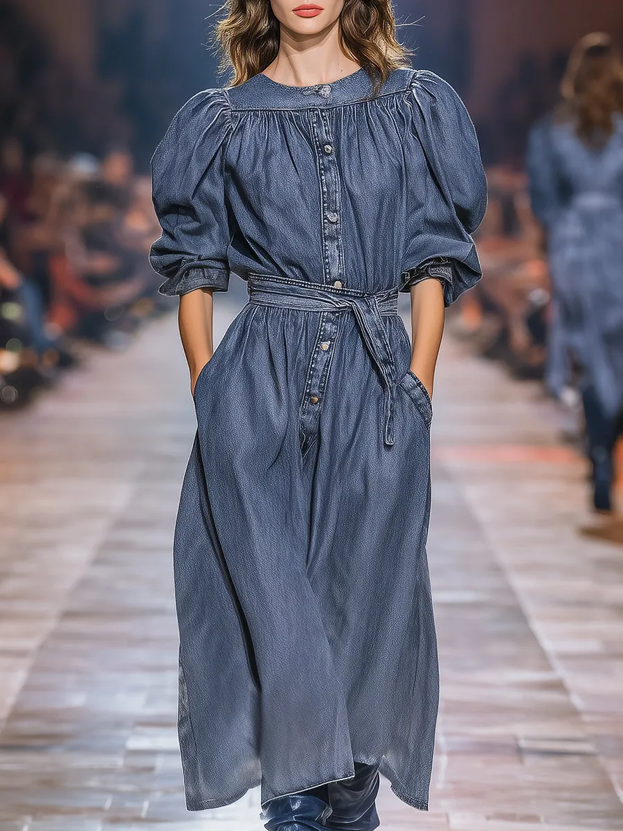 Fashionable Retro Round Neck Denim Loose Midi Dress sold by Oyrosy