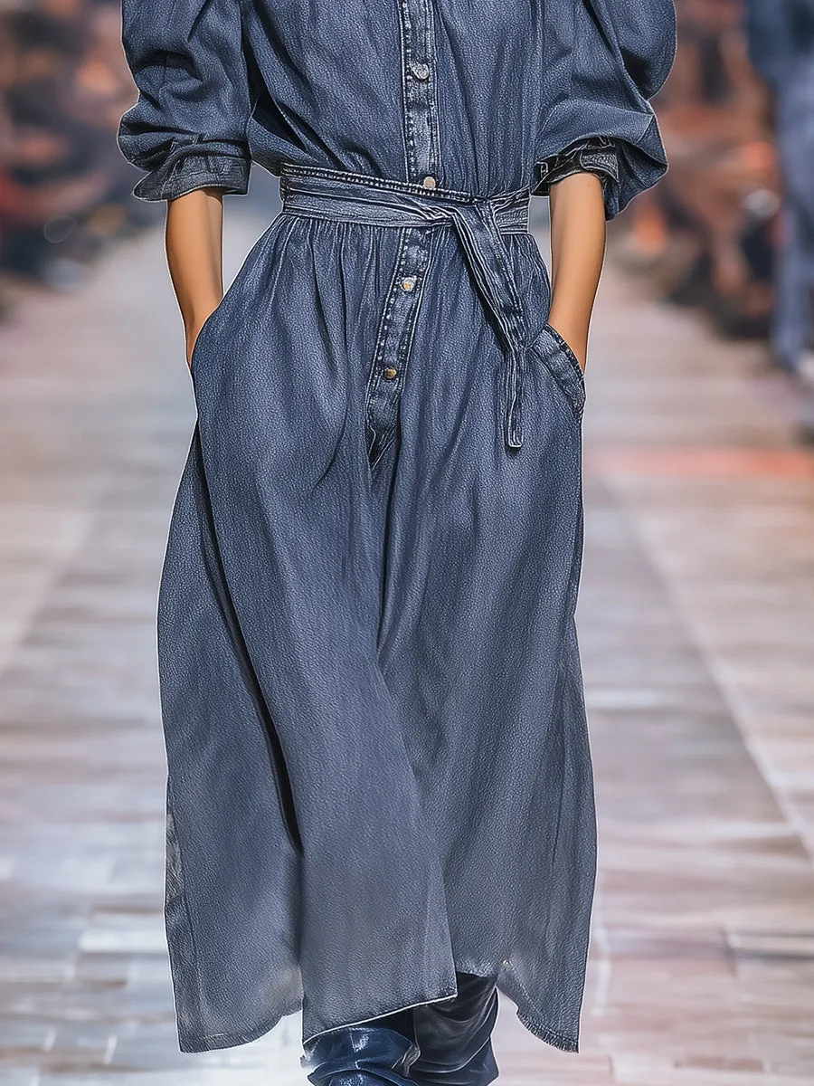 Fashionable Retro Round Neck Denim Loose Midi Dress sold by Oyrosy product image thumbnail 4