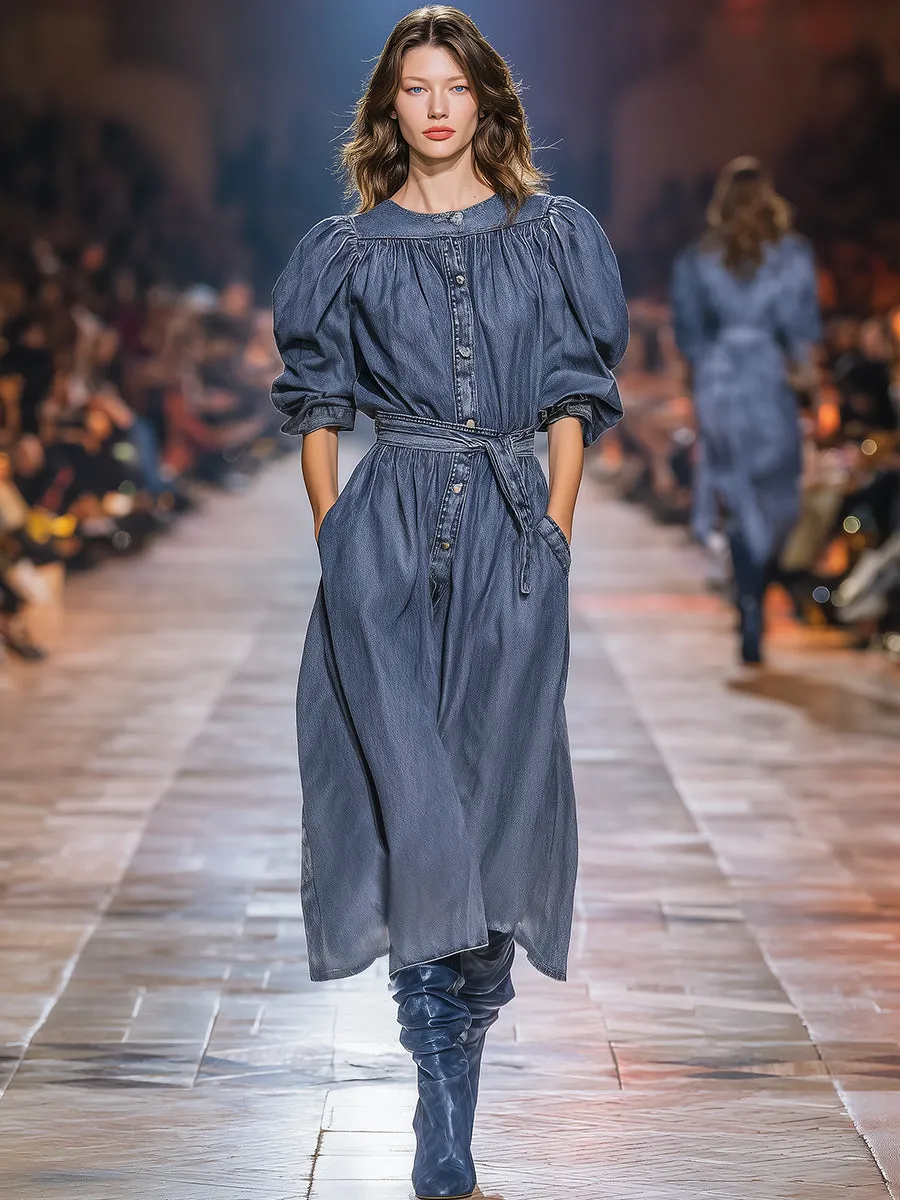 Fashionable Retro Round Neck Denim Loose Midi Dress sold by Oyrosy product image thumbnail 2