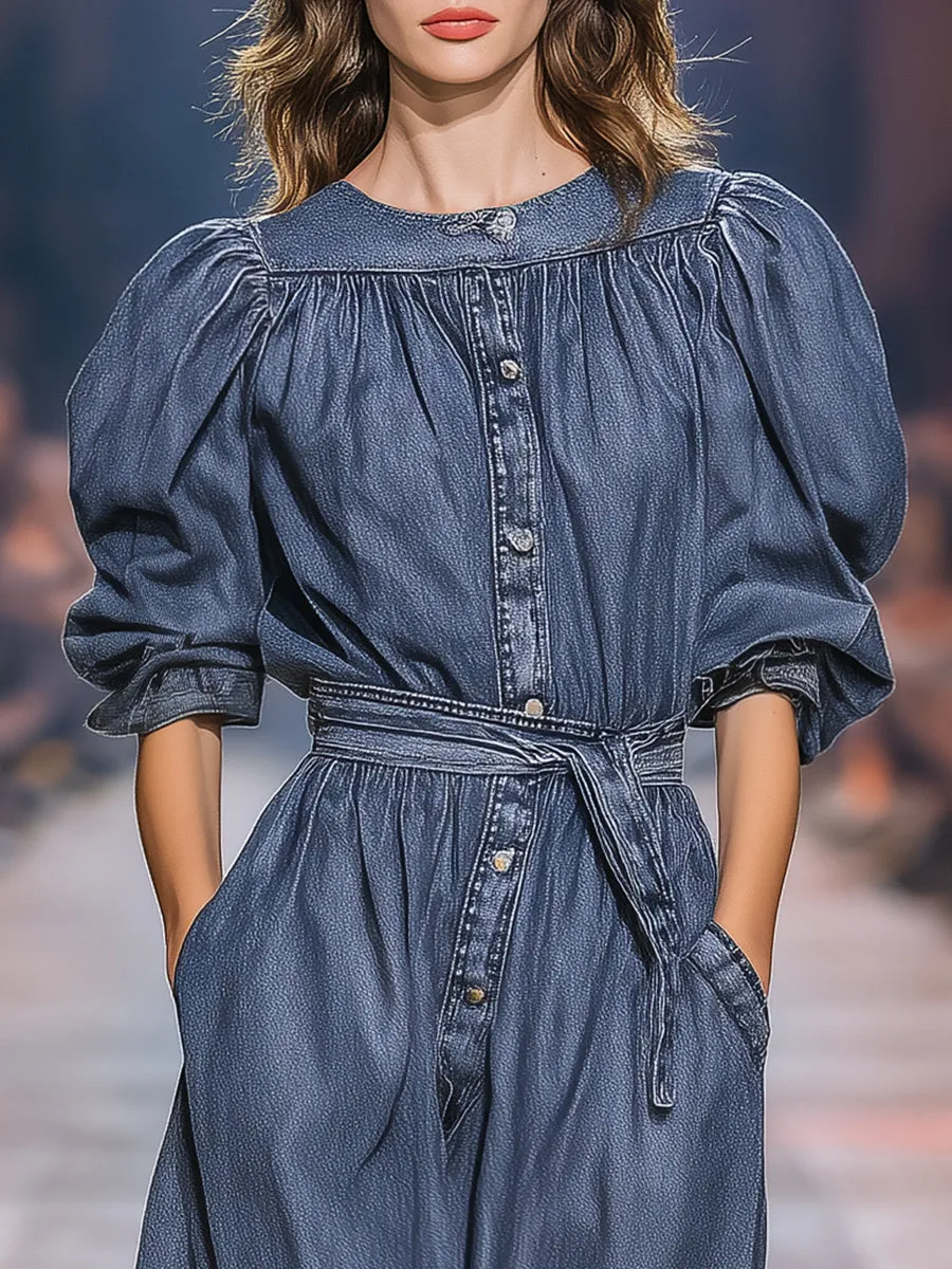 Fashionable Retro Round Neck Denim Loose Midi Dress sold by Oyrosy product image thumbnail 3