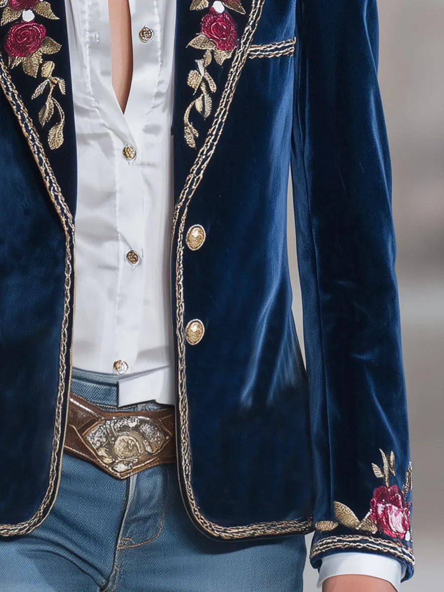 Classic Blue Velvet Rose Embroidered Button Blazer sold by Oyrosy product image thumbnail 4