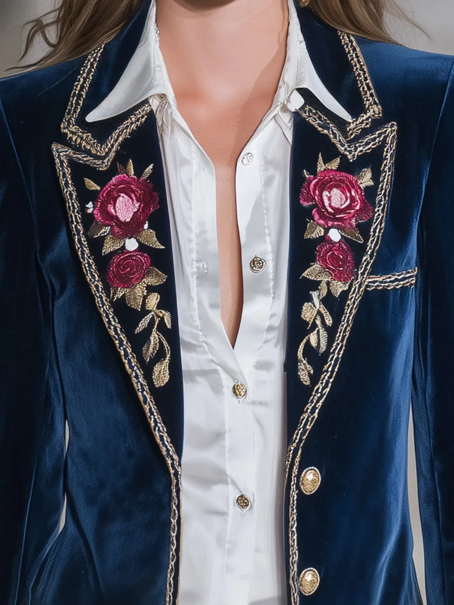 Classic Blue Velvet Rose Embroidered Button Blazer sold by Oyrosy product image thumbnail 3