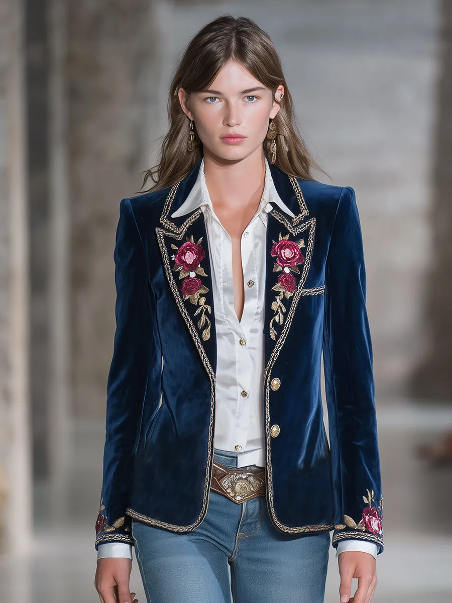 Classic Blue Velvet Rose Embroidered Button Blazer sold by Oyrosy product image thumbnail 2