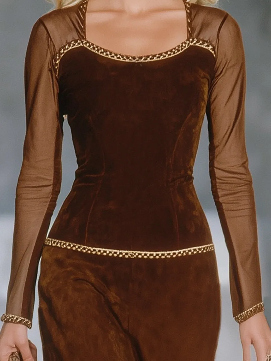 Western-style Brown Faux Suede-trimmed Tulle-trimmed Tassel Long-sleeved Midi Dress sold by Oyrosy product image thumbnail 3