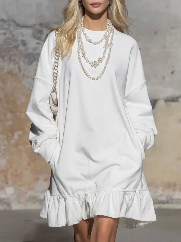 Sporty Casual Solid Color Ruffled Mini Sweatshirt Dress sold by Oyrosy