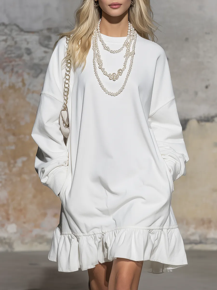 Sporty Casual Solid Color Ruffled Mini Sweatshirt Dress sold by Oyrosy