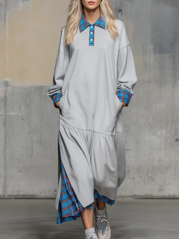 Sporty Retro Plaid Patchwork Ruffle Sweatshirt Dress sold by Oyrosy