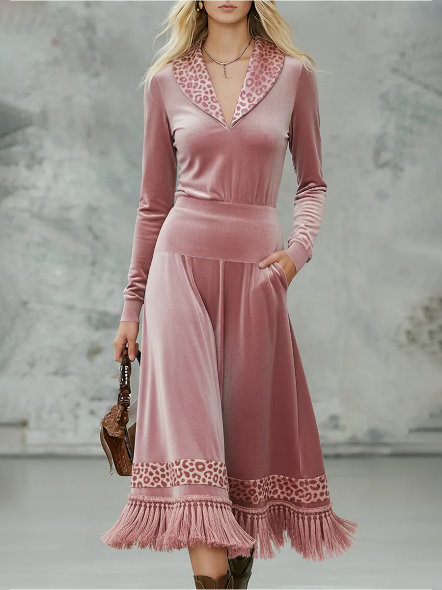 Elegant Retro Leopard Print Lapel Tassel Velvet Midi Dress sold by Oyrosy